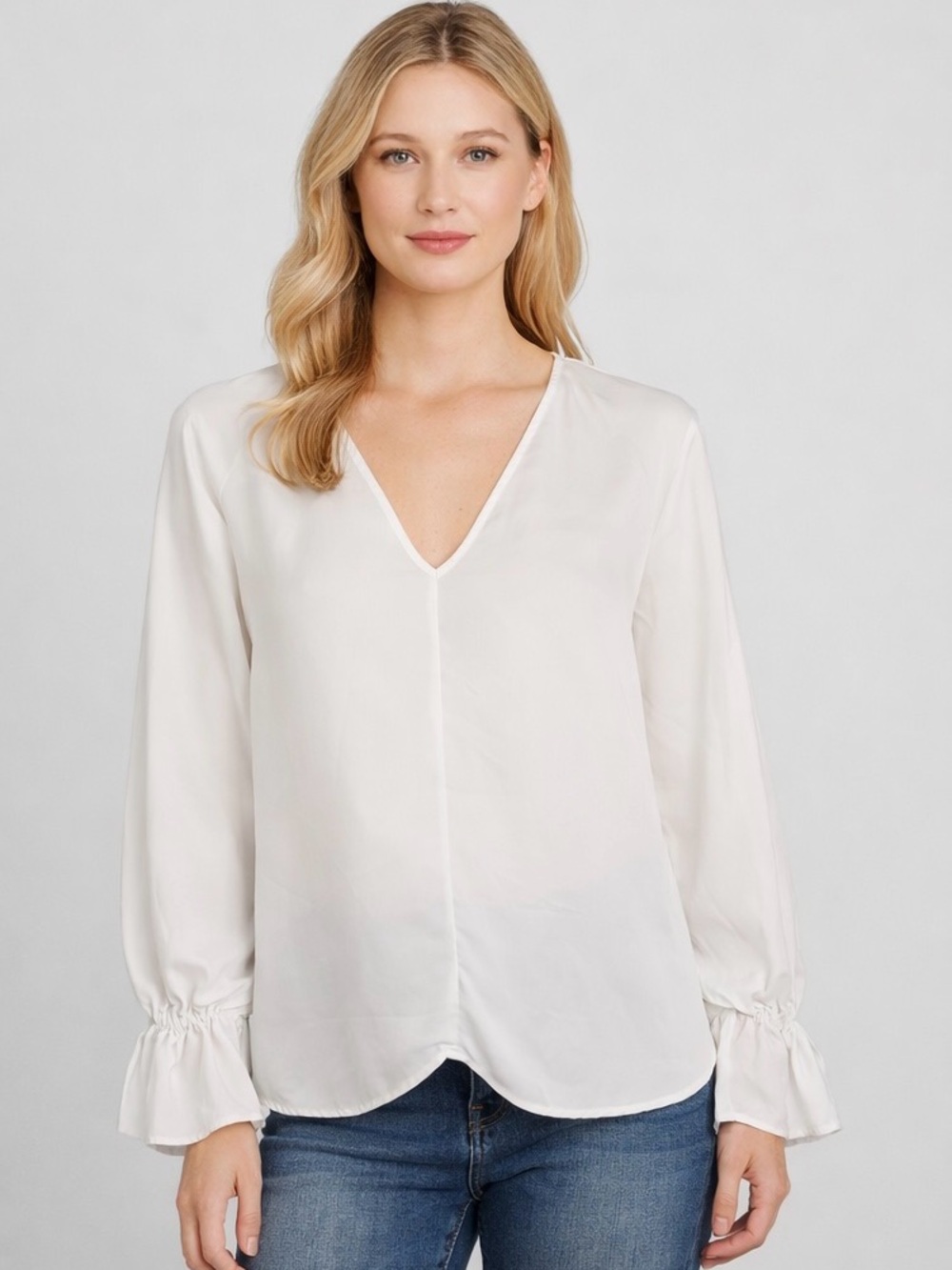 Massimo Dutti White Blouse XS Sheer V-Neck Long Sleeve Flowy Top